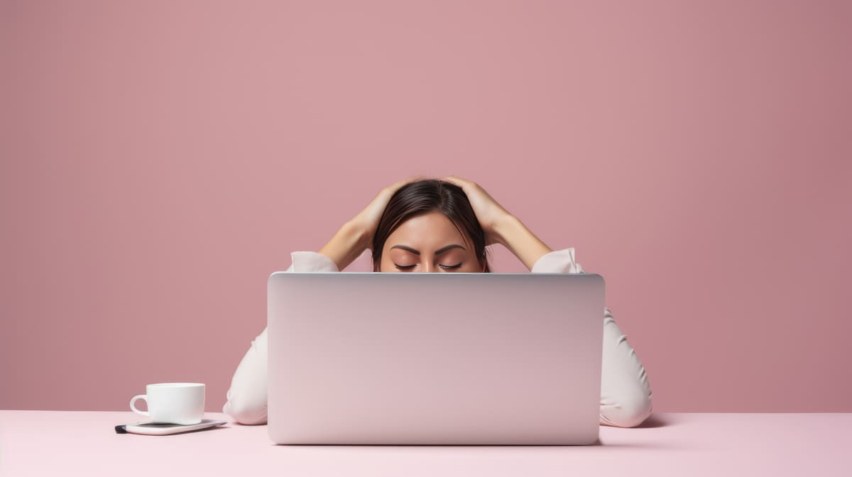 Mulher com as mãos na cabeça diante do notebook, sob estresse ligado à saúde mental no trabalho.