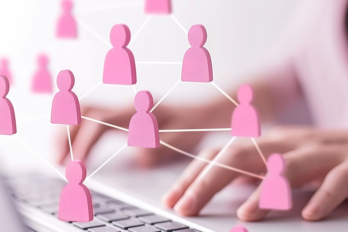 Mãos ao teclado com rede de pessoas ilustrando a gestão de recursos humanos.